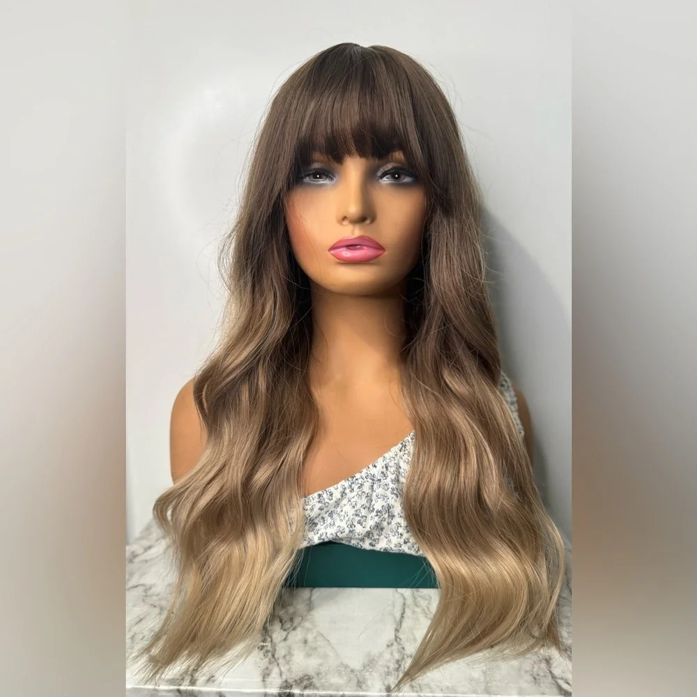 Long Ombre Balayage Wig w/ Bangs – Brown to Light ash Blonde Wavy Natural Look